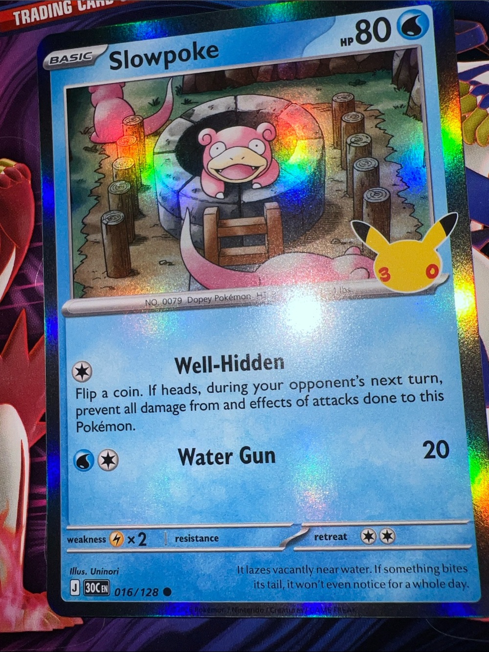 Pokemon Slowpoke Holographic Card - Pink, Blue, Brown